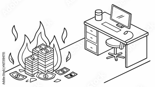 Burning Money in Office: Financial Loss, Business Waste & High Costs Concept Line Art Illustration