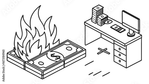 Financial Loss: Burning Money and Office Desk Concept
