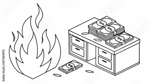 Financial Loss Concept: Burning Money Next to Cabinet. Isometric Line Art Symbolizing Economic Risk & Wealth Destruction
