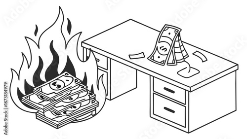 Burning Money Next to Office Desk: Financial Loss, Wasteful Spending, Bad Investments, Business Expenses Illustration