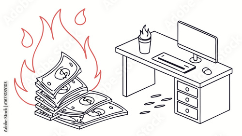Isometric Burning Money Stack & Office Desk with Flaming Cup - Financial Loss & Workplace Stress
