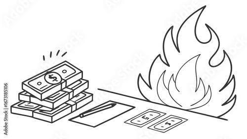Money Burning Concept: Financial Loss, High Expenses, Economic Crisis, Costly Spending Illustration