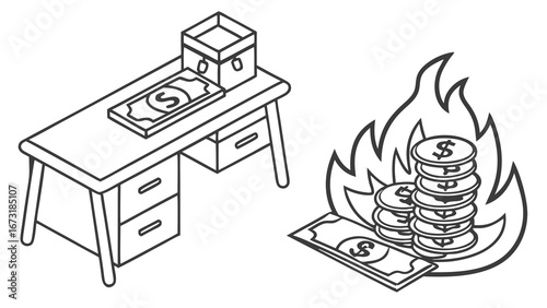 Office Desk with Money and Burning Cash: Financial Expense and Loss Concept Outline