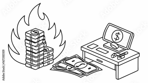 Financial Loss Concept: Burning Money and Business Expenses on Office Desk Illustration