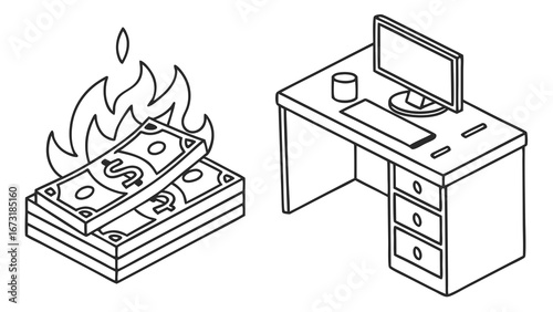 Burning Money and Office Desk Outline Illustration - Business Financial Loss Concept