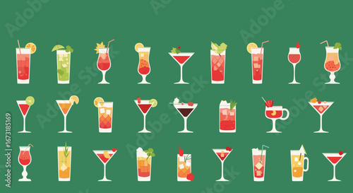 Vibrant cocktail collection for happy hour promotions and party planning inspiration with a retro green background