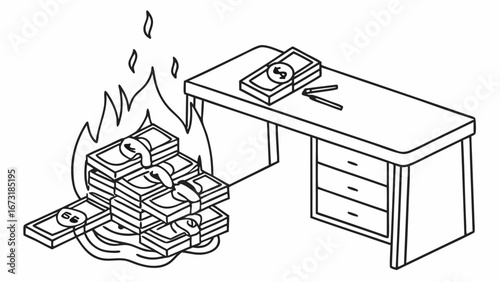 Burning Money Stack on Fire Next to Office Desk. Financial Loss, Wasteful Spending, and Economic Crisis Concept Illustration.