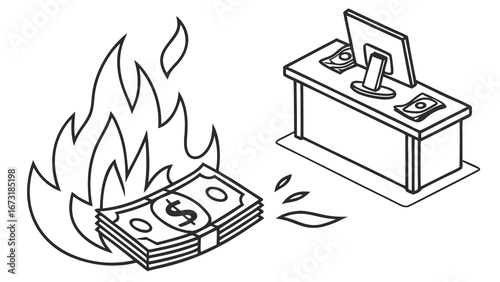 Financial Waste in Business: Burning Money on Office Desk Icon