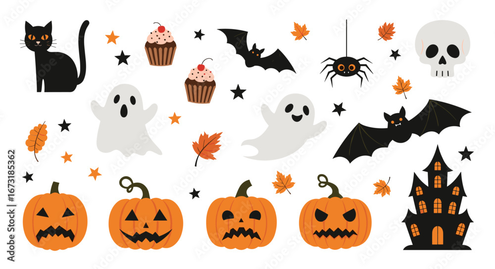 Fototapeta premium Spooky Halloween fun with ghosts, pumpkins, bats and haunted house for festive designs and decorations