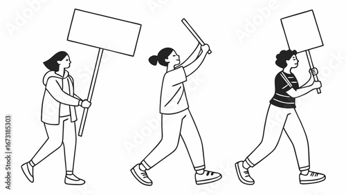 Line Art: People Protesting with Blank Signs. Activists Marching for Social Change, Holding Empty Placards for Custom Messages.