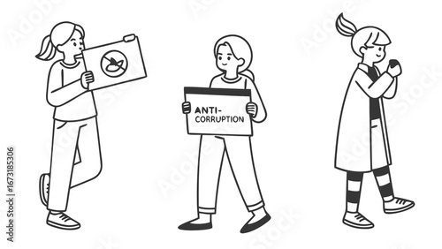 Anti-Corruption Protest & Awareness Line Art Set: People with Signs
