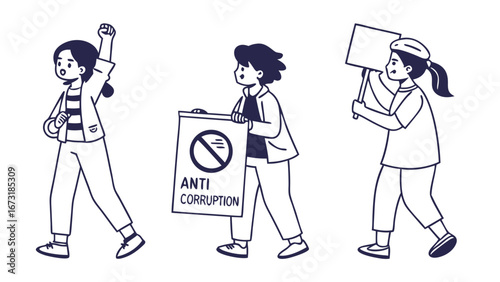 Anti-Corruption Protestors Marching: Youth Activists with Signs and Raised Fists