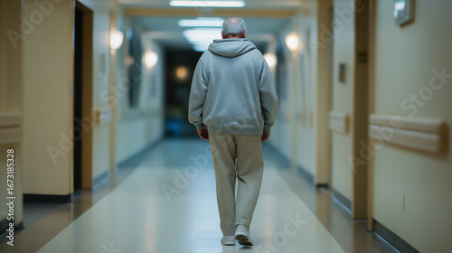 Elderly man walking alone down a quiet, dimly lit hallway in a care facility or hospital.
