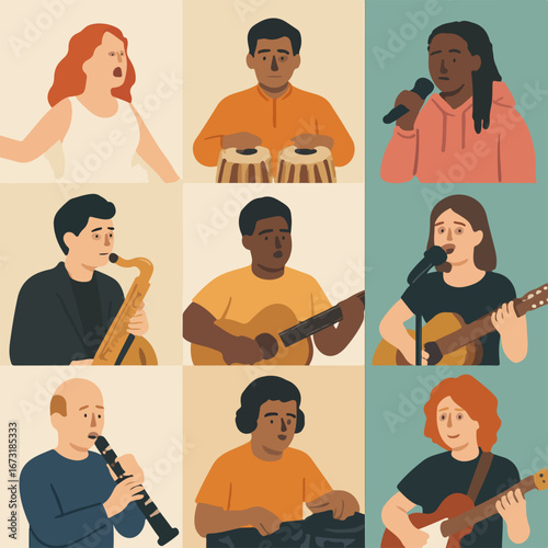 Group of musicians performing with various instruments and singing