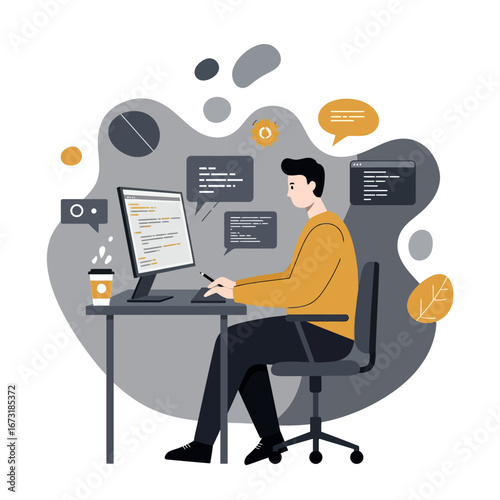 Focused Man Working on Computer at Desk.