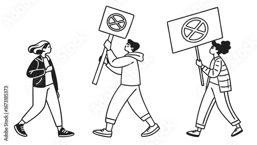 Line Art People Protesting with 'Stop' Signs: Social Activism & Demonstration
