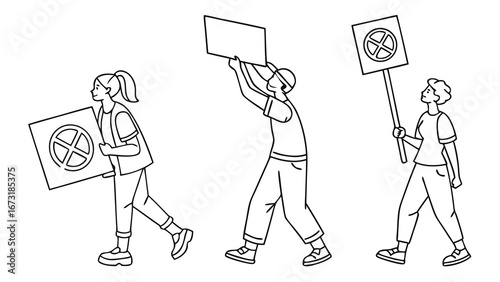 Line Art Illustration of Protesters with Signs. Social Activism & Demonstration Concept.