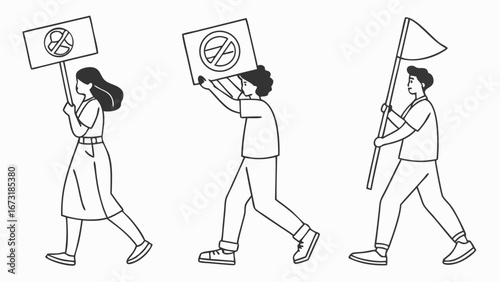 People protesting with signs and flag. Line art illustration of social activism, demonstration, and human rights.