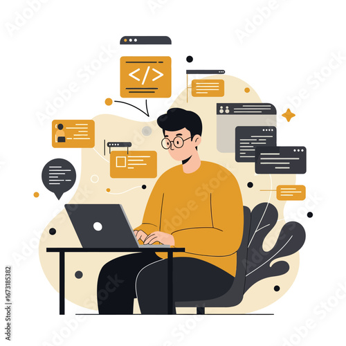 Focused male programmer working on a web development project.