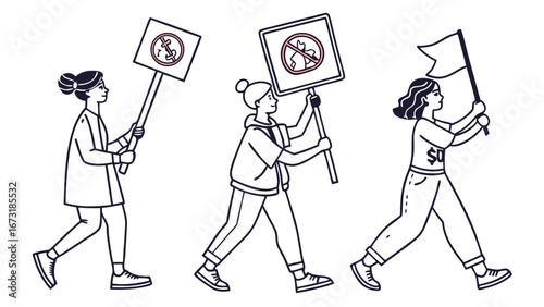 Line art illustration of activists marching with protest signs and a flag, advocating for social and environmental change.