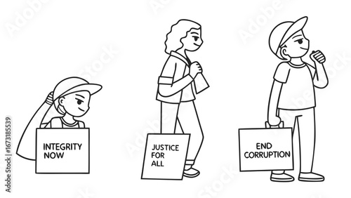 Line art illustration of people protesting for social justice, integrity, and anti-corruption. Activists with signs.