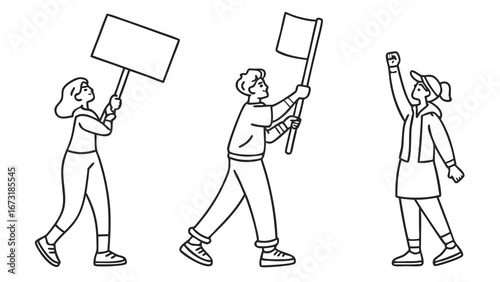 Line Art Illustration of People Protesting for Rights and Social Change with Signs and Flag