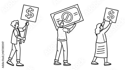 Economic Protest: People holding dollar and anti-money signs, illustrating financial debate and social issues