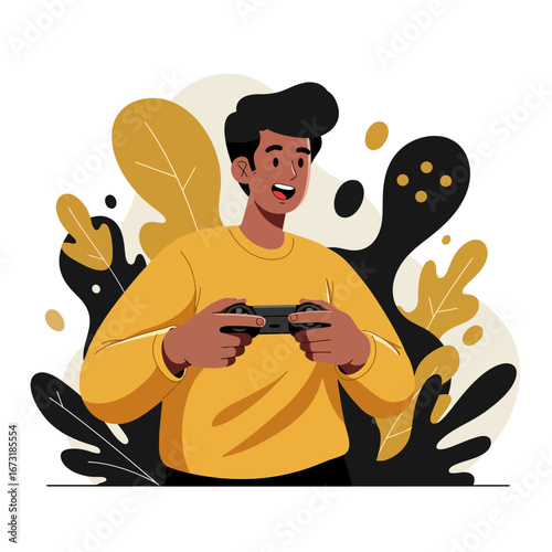 Happy young man playing video games with a controller.