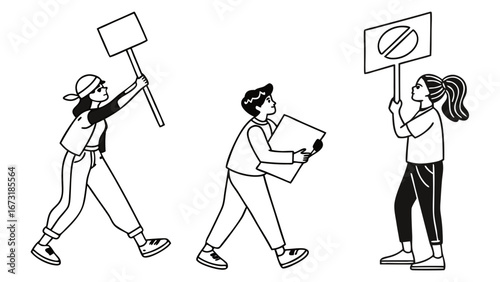 Line Art Protest: Diverse Group with Signs Advocating for Social Change and Activism