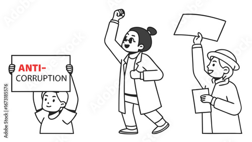 Anti-Corruption Protestors Holding Signs Illustration. Social Justice Advocacy Concept.