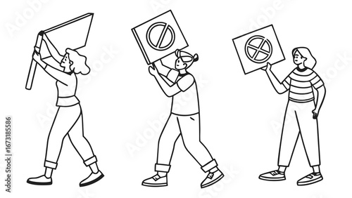 Protesting people line art. Activists marching with signs and flag. Social justice demonstration vector illustration.