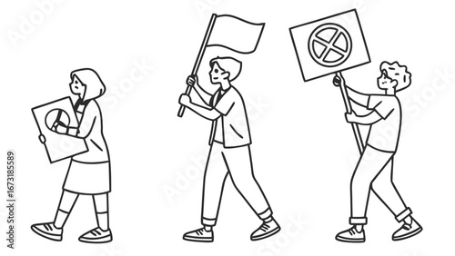 Line Art Illustration of Activists Marching with Protest Signs and a Blank Flag, Representing Social or Environmental Cause