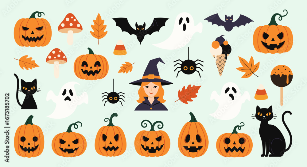 Fototapeta premium Spooky Halloween season fun with pumpkins, bats and ghosts for a captivating festive celebration