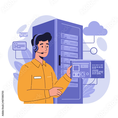 Male System Administrator with Headset Working on Data Center Server.