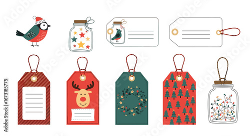 Charming Christmas gift tags and mason jars with stars, lights, wreath, reindeer and bird