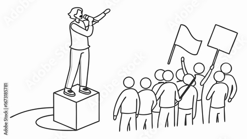 Public speaker addressing a protesting crowd with flags and signs. Social movement and activism illustration.