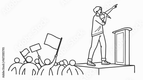 Activist speaking at a public rally, addressing a crowd with protest signs and flags. Line art illustration of demonstration.