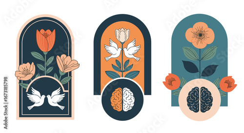 Promote mental wellness with stylized art featuring peace doves and floral brain concepts for holistic health