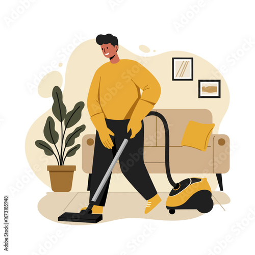 Man vacuuming the floor in his living room, cleaning the house.