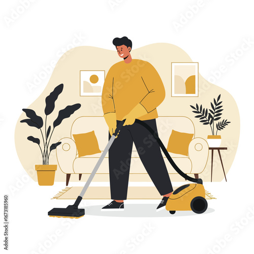 Man Vacuuming Living Room.