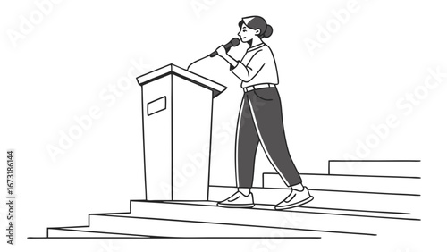 Woman Public Speaker at Podium with Microphone Line Art Illustration