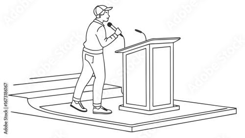 Person Speaking at Podium Line Art Illustration