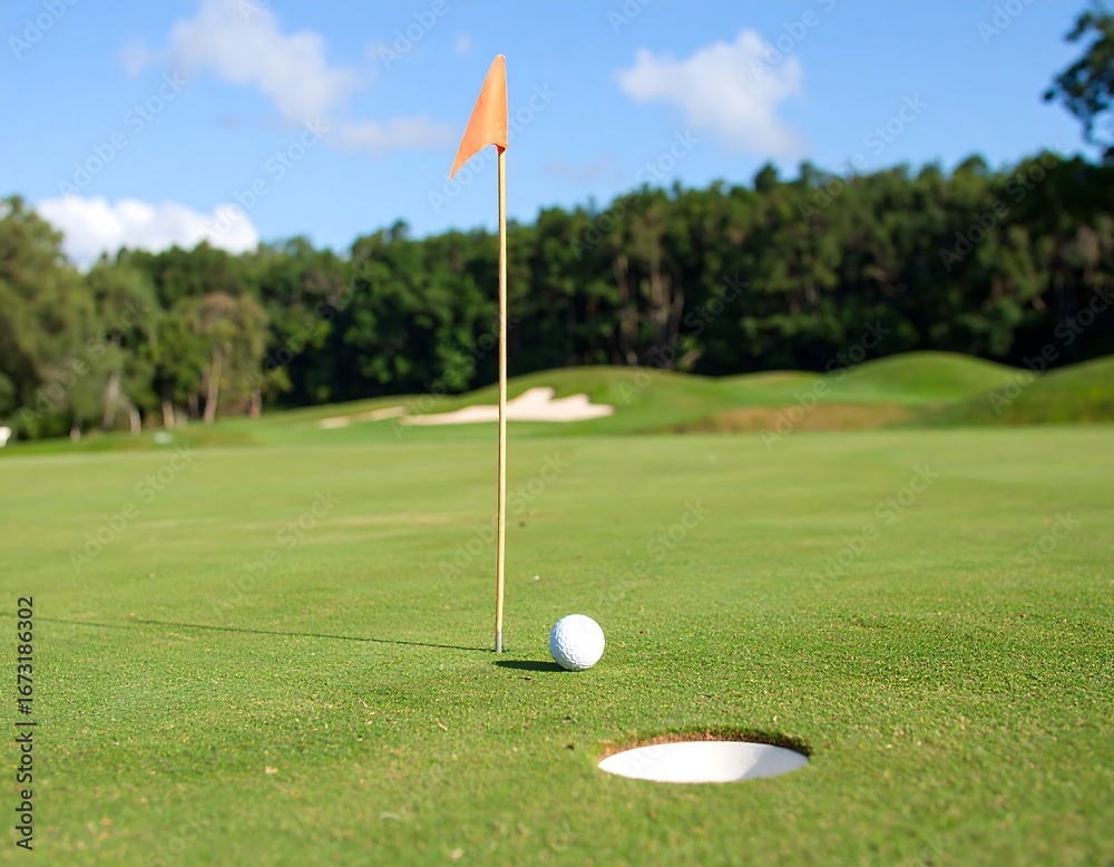 Fototapeta premium Golf ball near hole on green