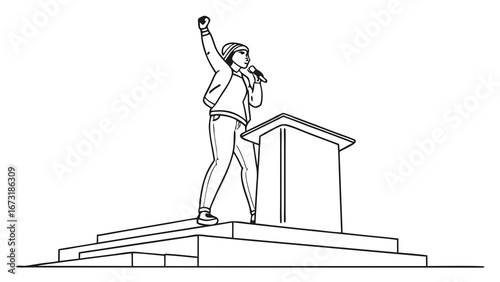 Activist Speaker with Microphone and Raised Fist on Stage, Public Address Line Art Illustration