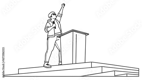 Motivational Speaker at Podium with Raised Fist - Public Address Vector Illustration