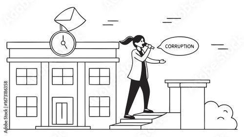 Woman publicly denouncing corruption at an institutional building, advocating for transparency, integrity, and justice.