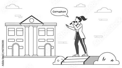 Woman activist speaking out against corruption with microphone near government building, social justice illustration