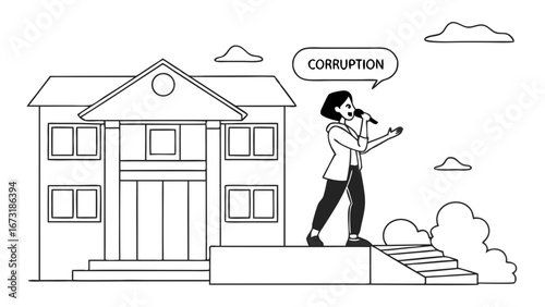 Female activist denouncing corruption with microphone outside official building, public speech illustration