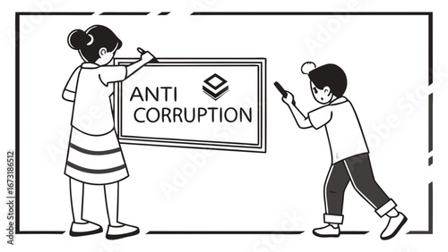 Anti-Corruption Message Creation by Two People. Promoting Integrity & Transparency. Social Awareness Campaign Line Art.