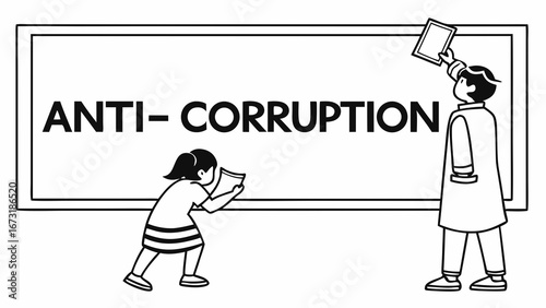 Anti-Corruption Message on Whiteboard Cleaned by Figures, Symbolizing Transparency and Ethical Reform
